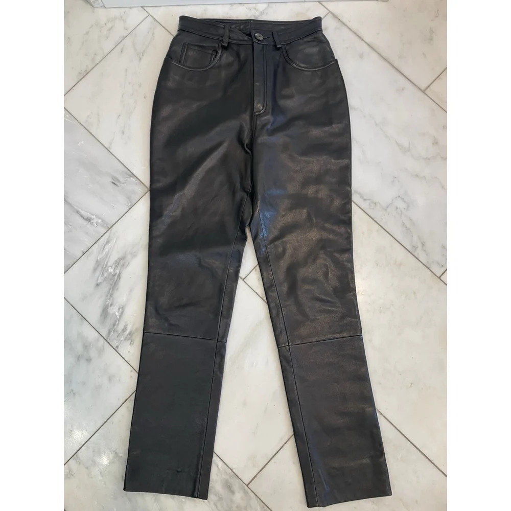 CRIPPLE CREEK Black Leather Long Straight Pants Pockets Waist 28 EUC - Picture 2 of 8